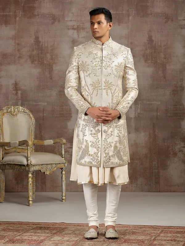 Gold silk peshwai sherwani with classic craftsmanship