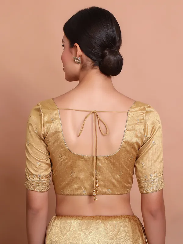 Gold silk round neck blouse with embroidered work