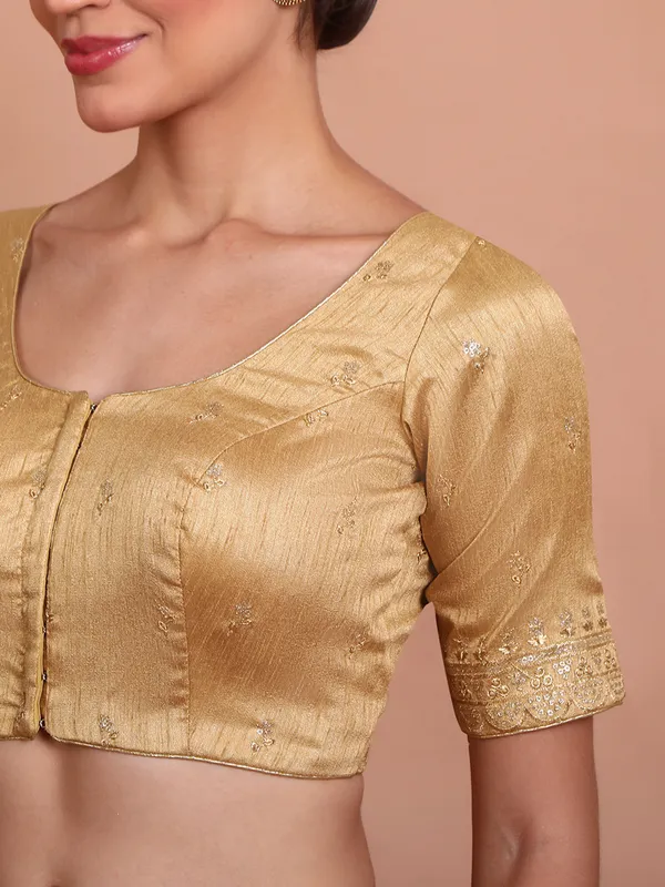 Gold silk round neck blouse with embroidered work
