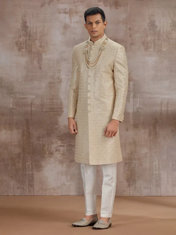 Gold silk wedding sherwani for groom