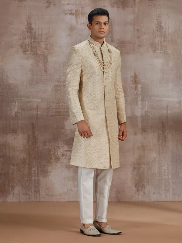 Gold silk wedding sherwani for groom