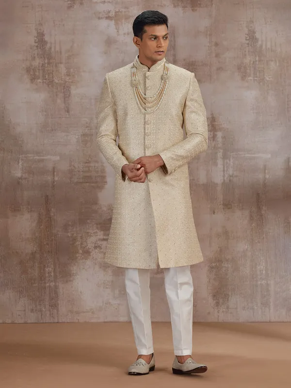 Gold silk wedding sherwani for groom