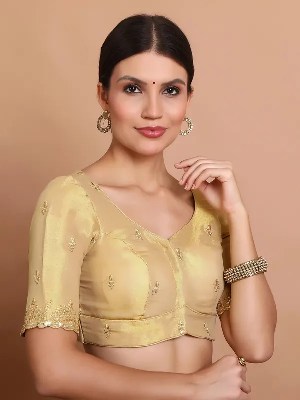 Gold tissue silk blouse with sweetheart neck design