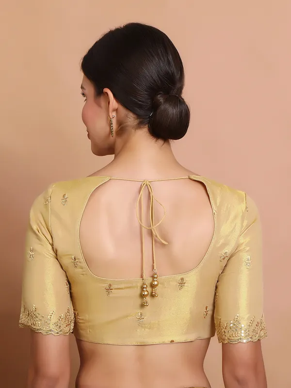 Gold tissue silk blouse with sweetheart neck design