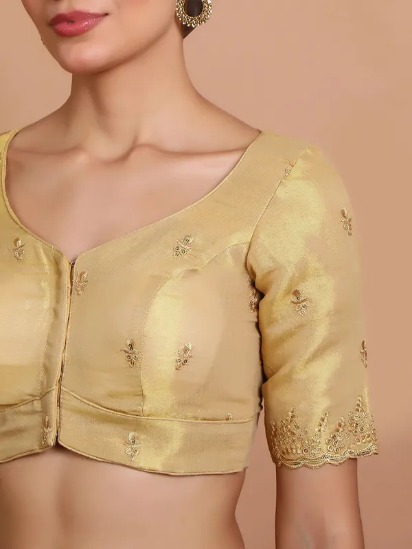 Gold tissue silk blouse with sweetheart neck design