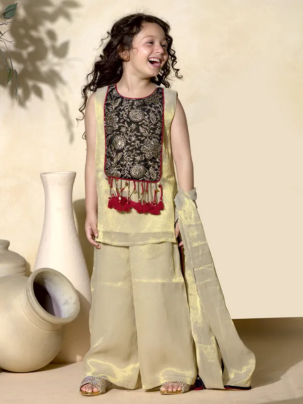 Gold tissue silk palazzo suit with zardosi work