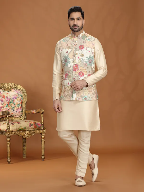 Gold viscose printed waistcoat set with sequins