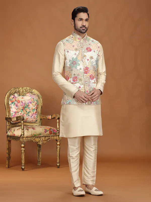 Gold viscose printed waistcoat set with sequins