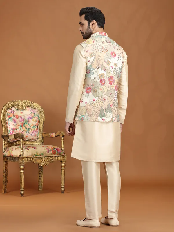 Gold viscose printed waistcoat set with sequins