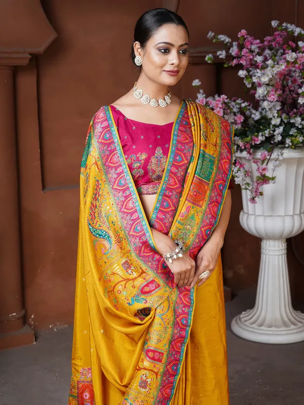 Gold yellow dola silk resham woven saree