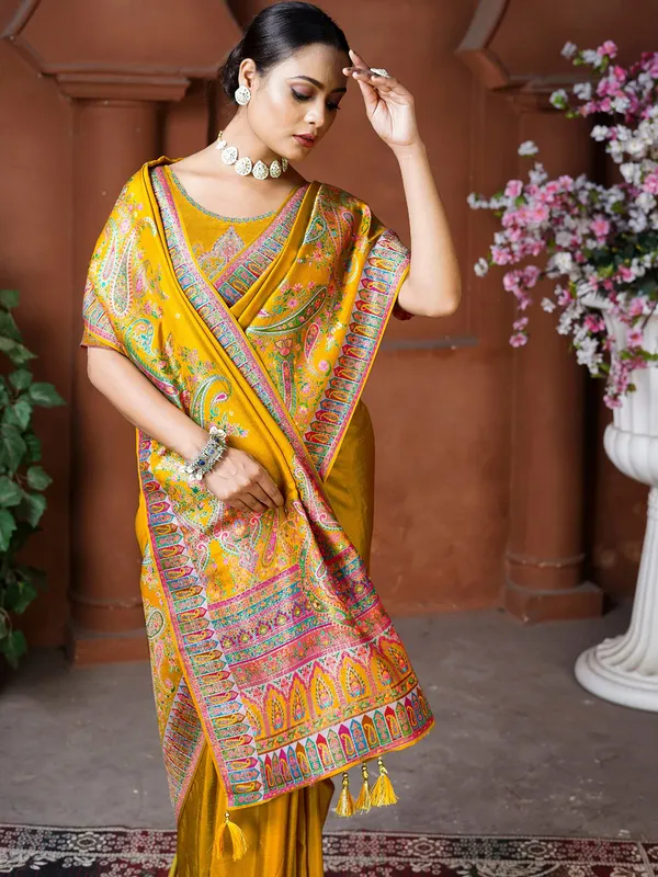 Gold yellow resham weaving dola silk saree