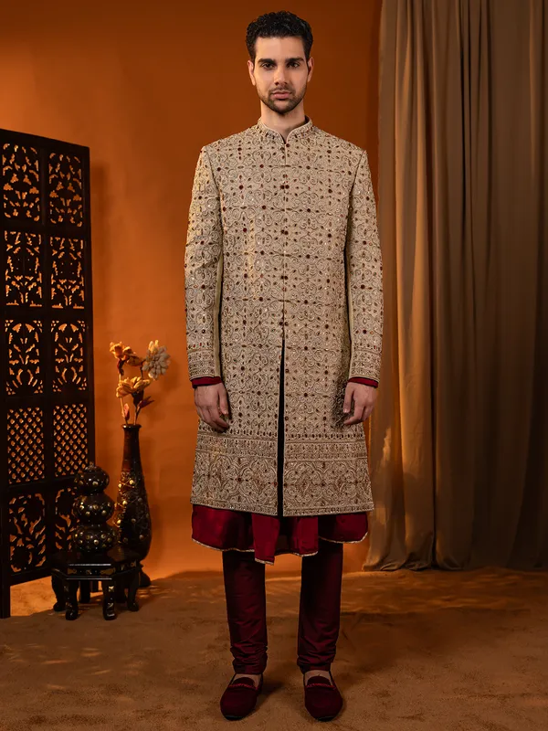 Golden and maroon silk sherwani for wedding for groom