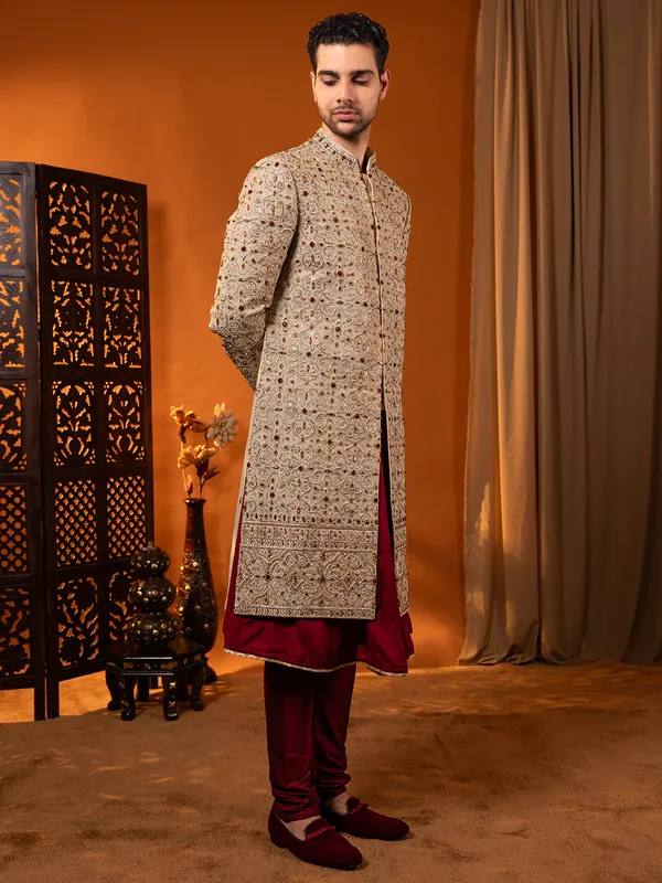Golden and maroon silk sherwani for wedding for groom