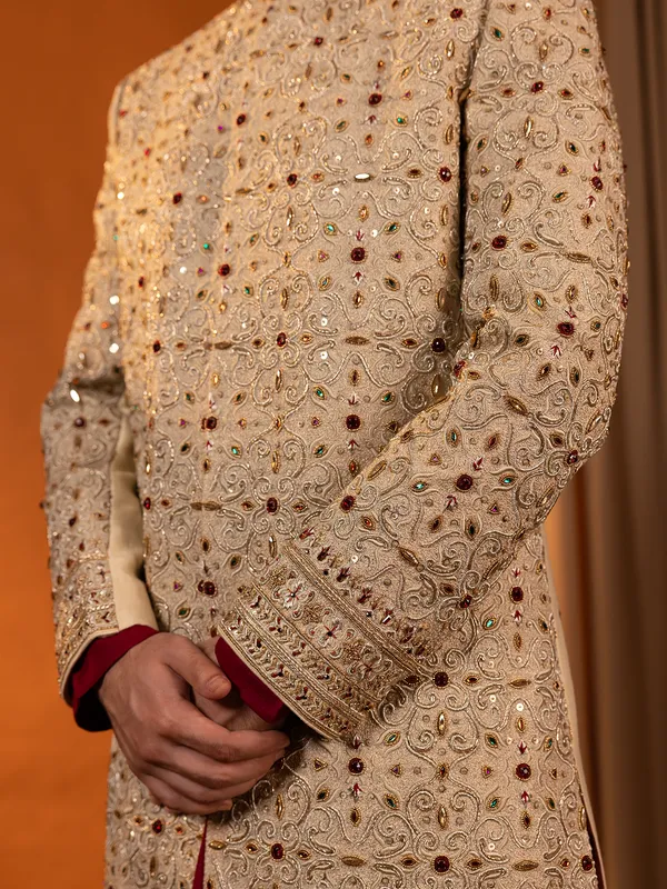Golden and maroon silk sherwani for wedding for groom