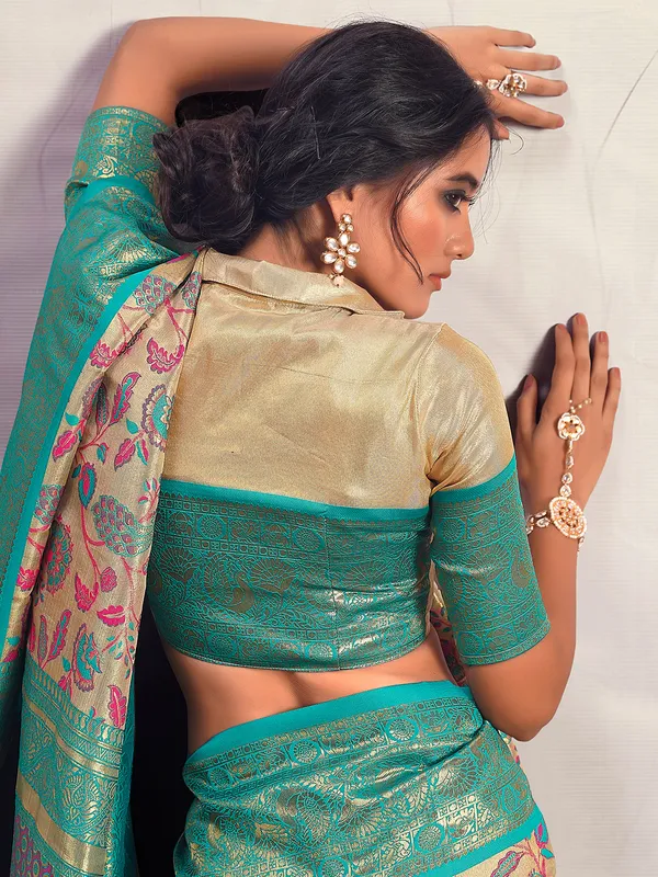 Golden and sky blue silk saree