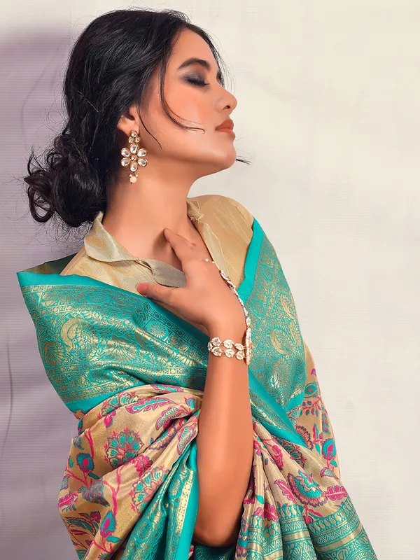 Golden and sky blue silk saree