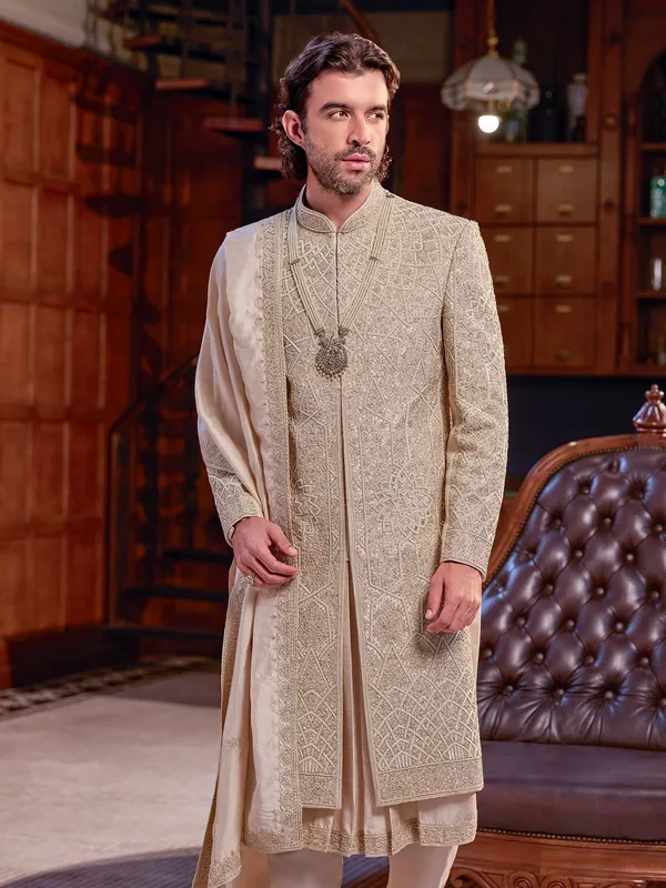 Golden art silk sherwani with dupatta