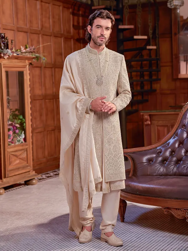 Golden art silk sherwani with dupatta