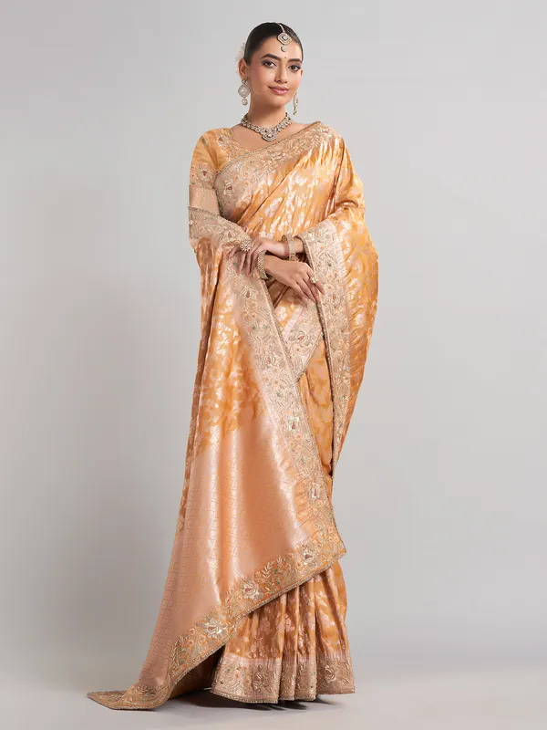 Golden banarasi silk saree with intricate zari for wedding wear