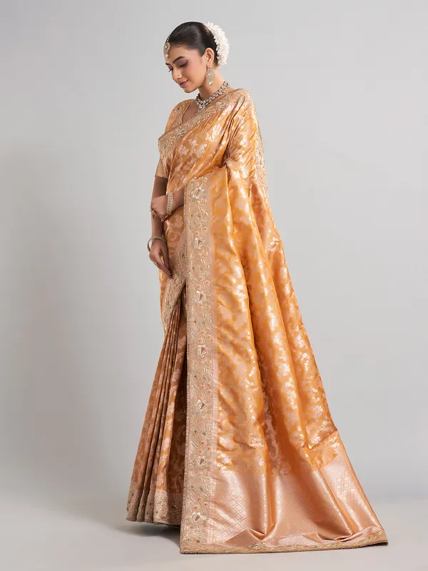 Golden banarasi silk saree with intricate zari for wedding wear