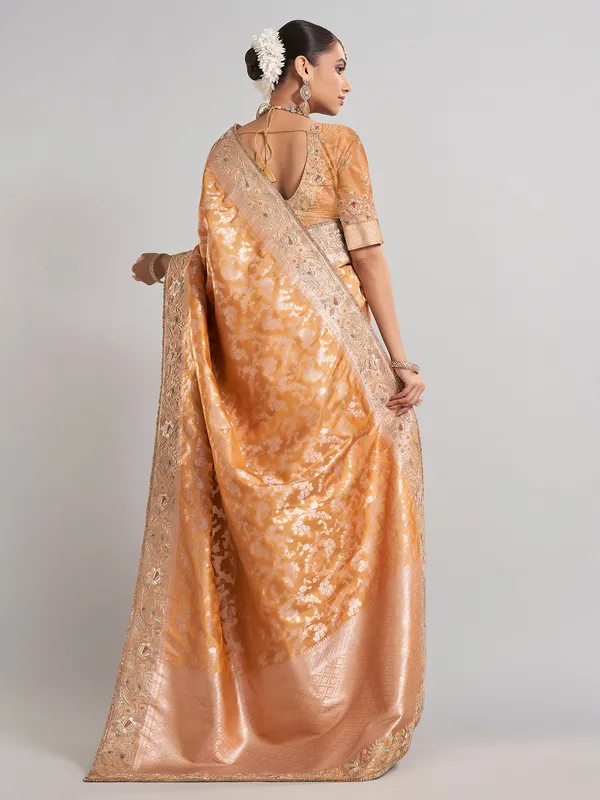 Golden banarasi silk saree with intricate zari for wedding wear
