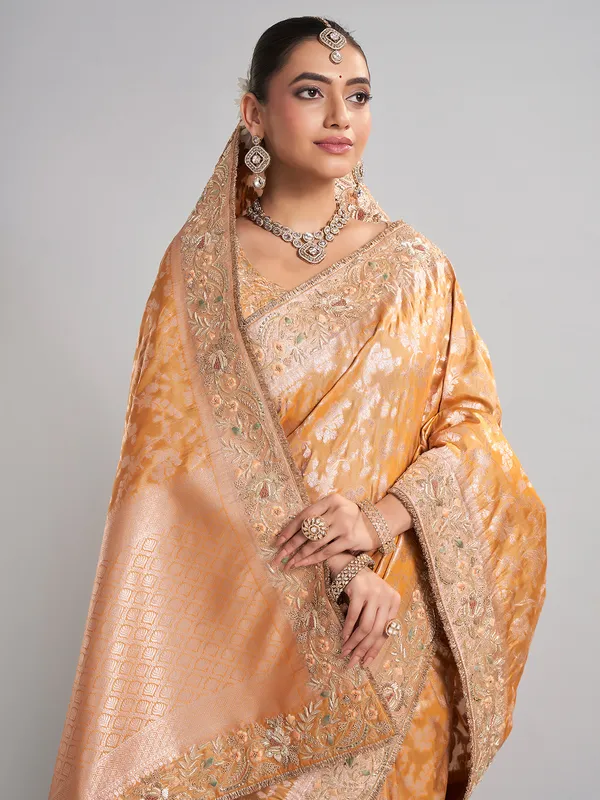 Golden banarasi silk saree with intricate zari for wedding wear