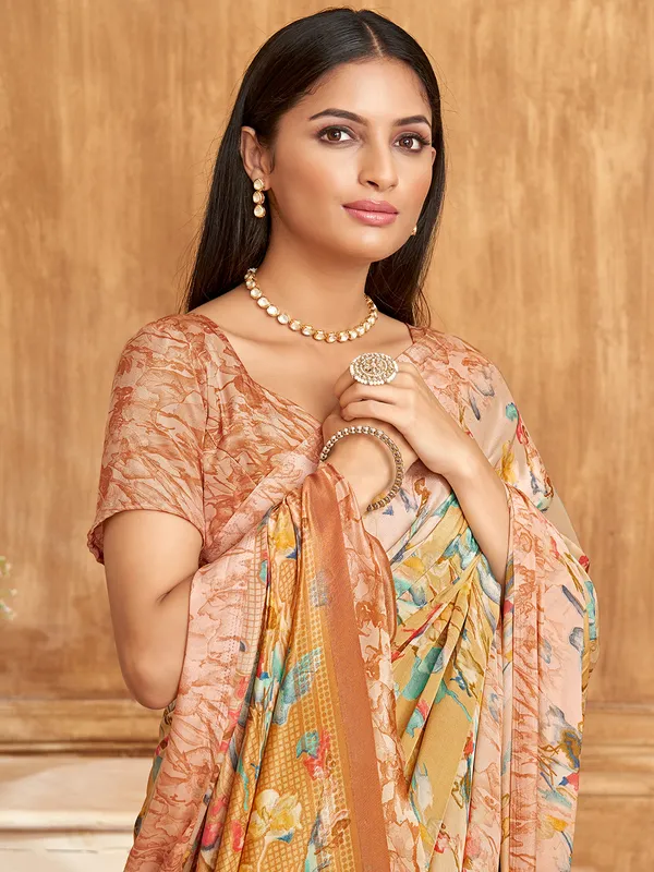Golden crepe printed saree for casual