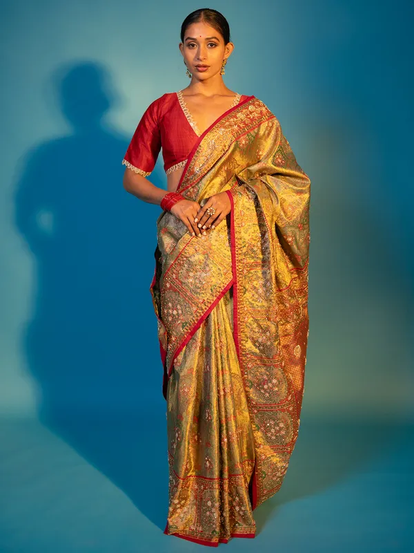Golden green and red kanjivaram silk saree