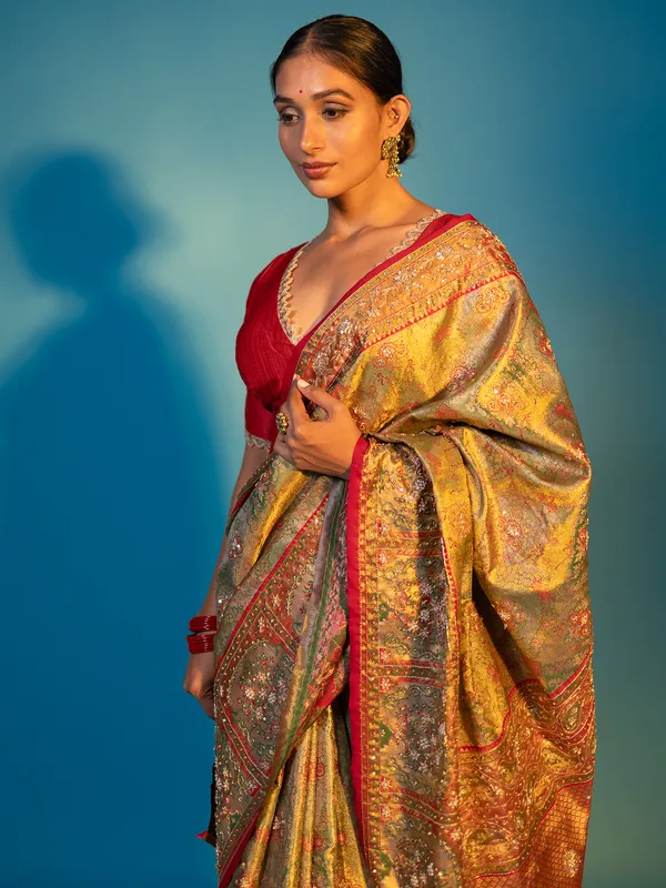 Golden green and red kanjivaram silk saree