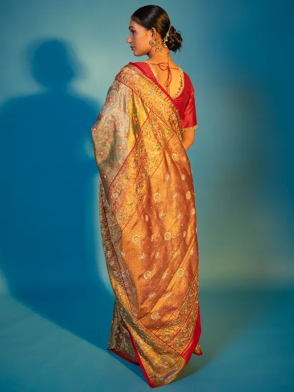 Golden green and red kanjivaram silk saree
