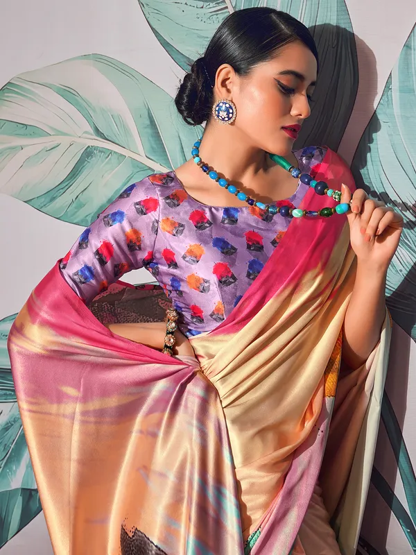 Golden satin printed saree