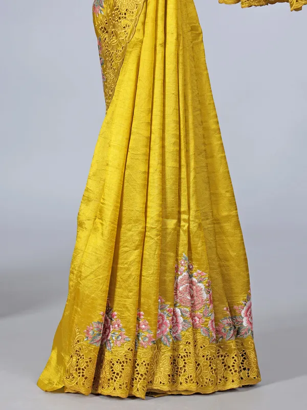 Golden semi silk saree with elegant cutwork and embroidery