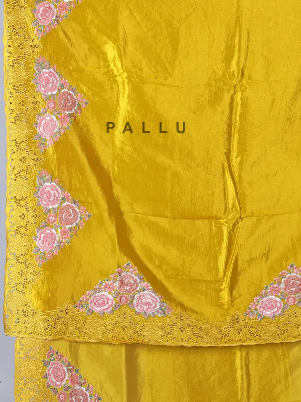 Golden semi silk saree with elegant cutwork and embroidery