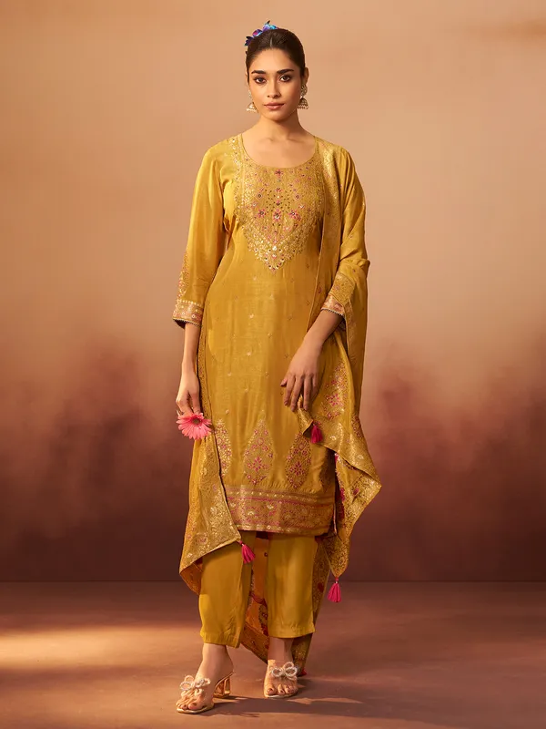 Golden silk sequin embellished kurti ensemble