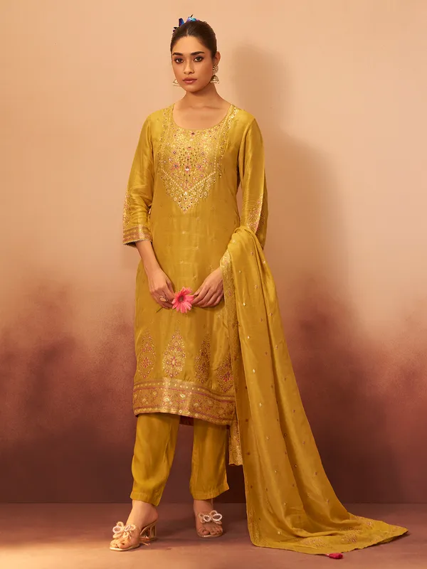 Golden silk sequin embellished kurti ensemble