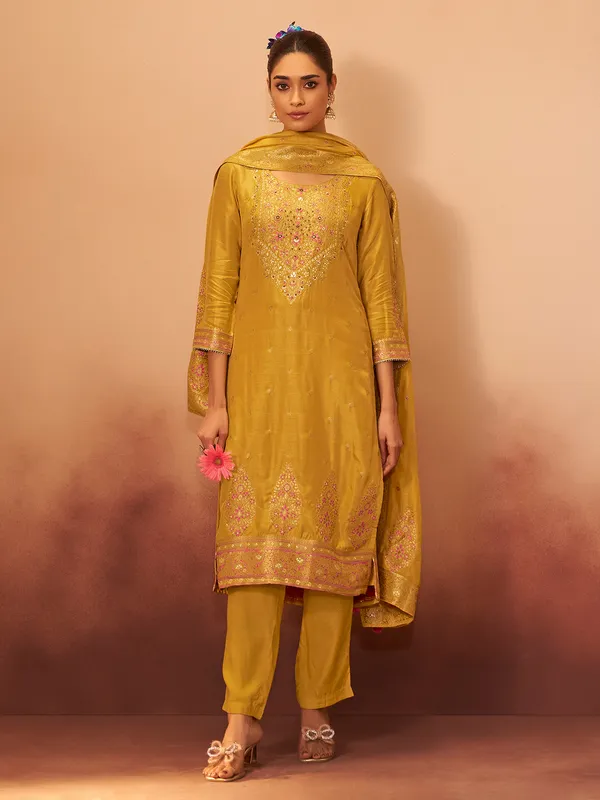 Golden silk sequin embellished kurti ensemble