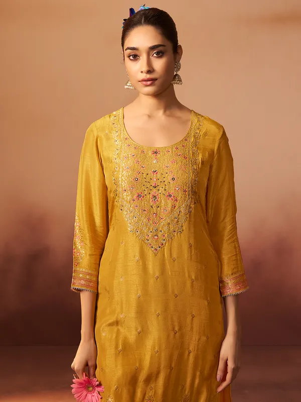 Golden silk sequin embellished kurti ensemble