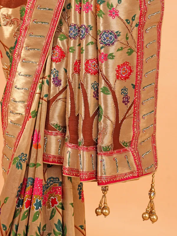Golden tissue silk printed wedding wear saree