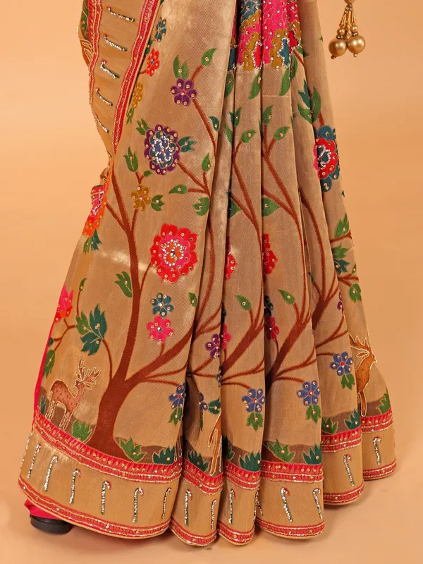 Golden tissue silk printed wedding wear saree