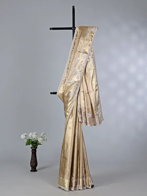 Golden tissue silk rich embellished saree for wedding wear