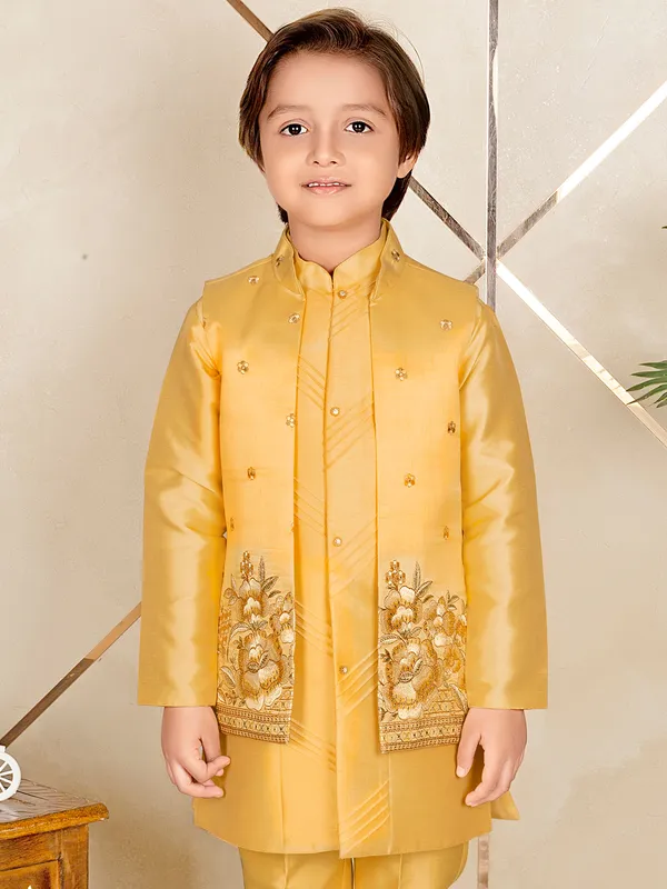 Golden yellow raw silk festive wear waistcoat set for boys