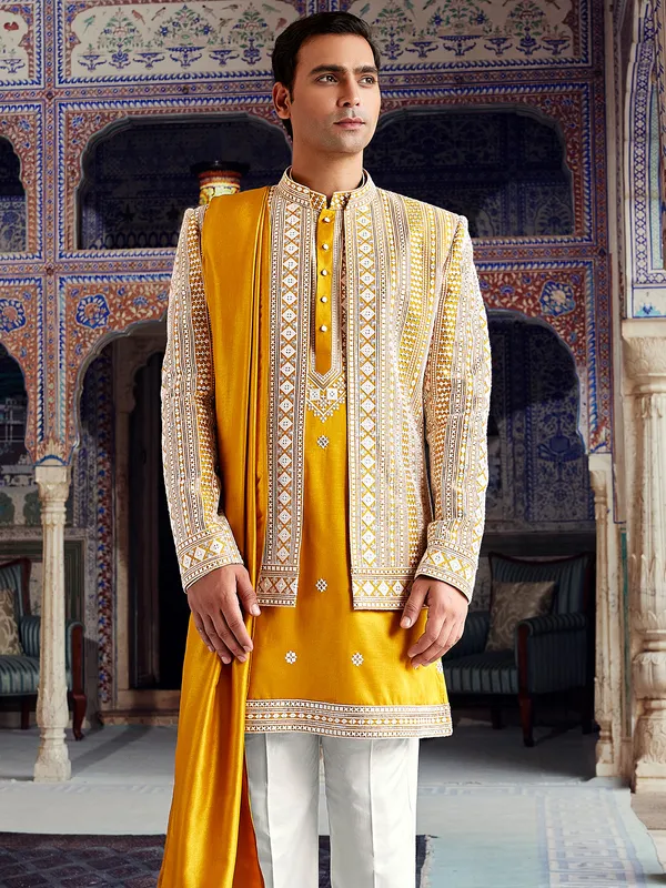 Golden yellow shining silk indo western for men