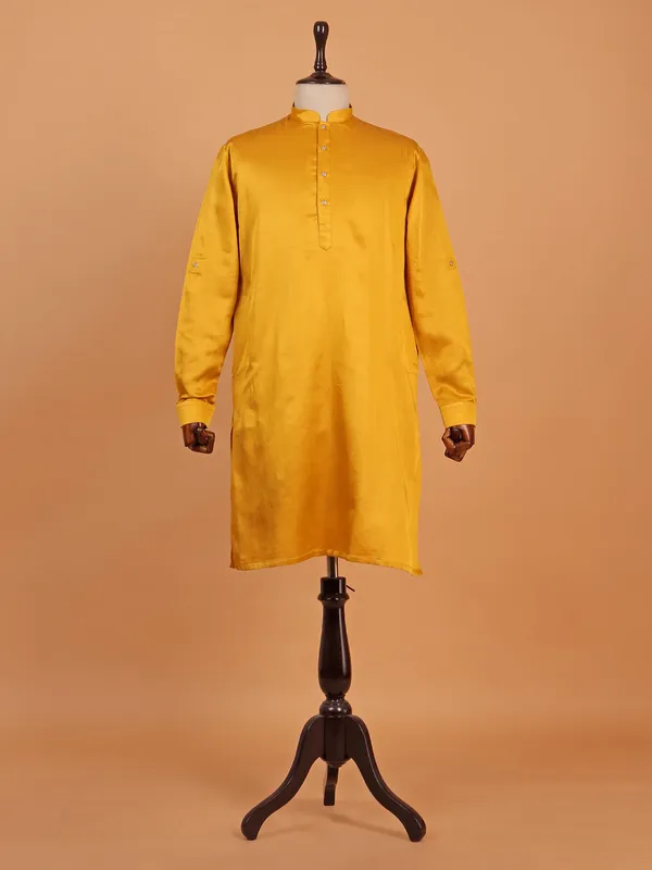 Golden yellow silk printed waistcoat set for men