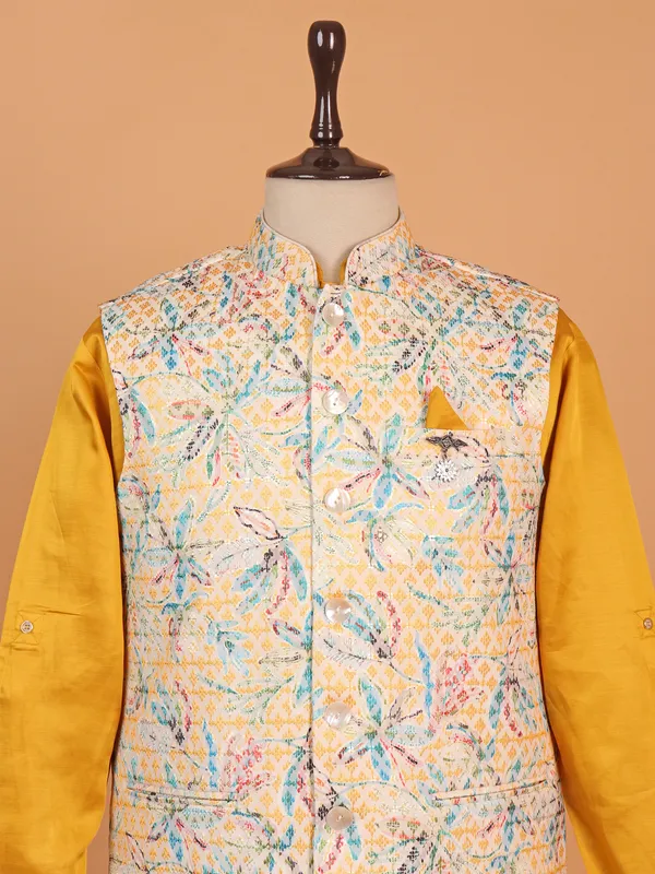 Golden yellow silk printed waistcoat set for men