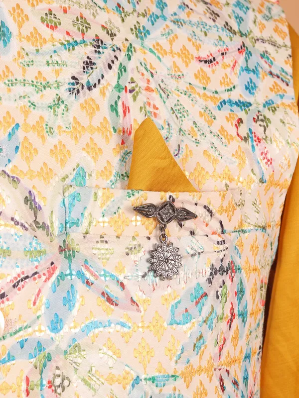 Golden yellow silk printed waistcoat set for men