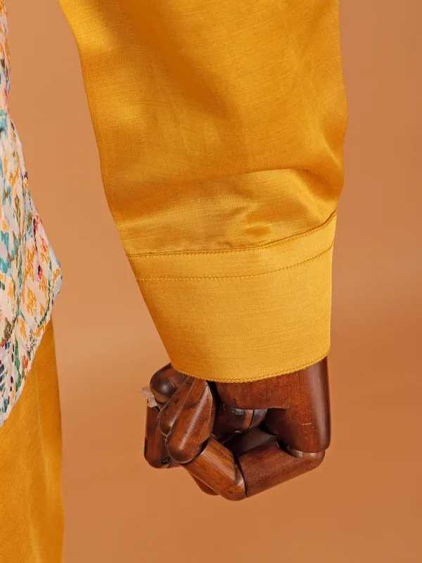 Golden yellow silk printed waistcoat set for men