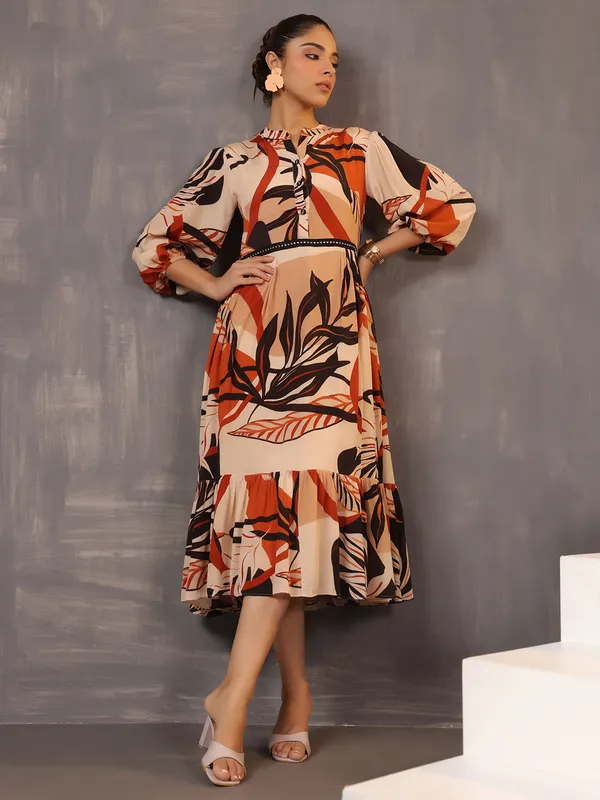 Gorgeous beige cotton silk kurti with print