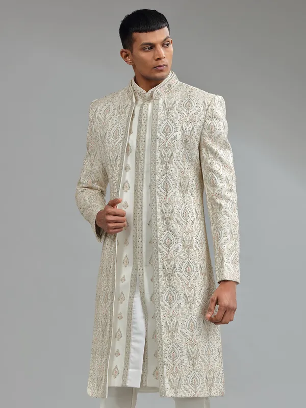 Gorgeous Cream silk embroidery indowestern