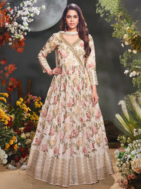 Gorgeous cream silk printed anarkali suit