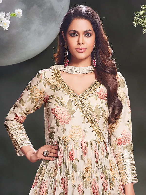 Gorgeous cream silk printed anarkali suit